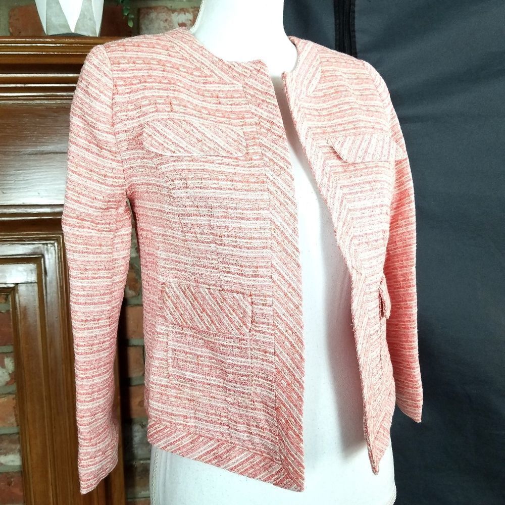 WD.NY Coral White Long Sleeve Tweed Open Front Jacket - Picture 2 of 8
